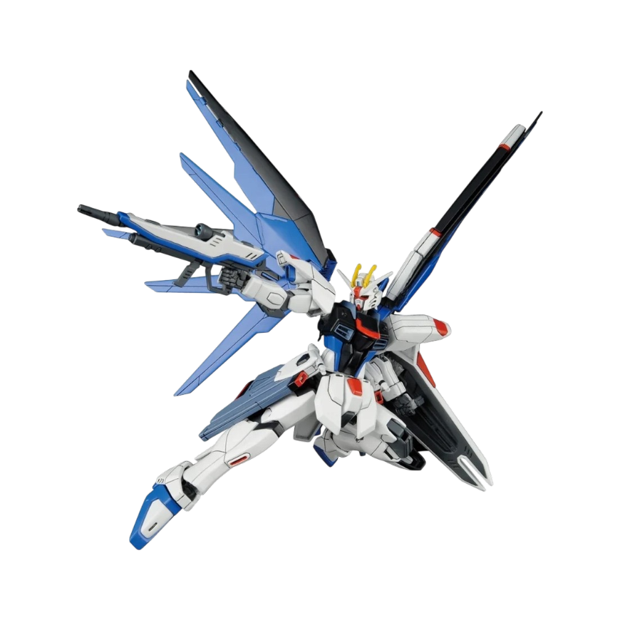 Model kit Gunpla HGCE Freedom Gundam in scala 1/144 in posa d'azione aerea dinamica con ali spiegate e fucile puntato, su sfondo nero.