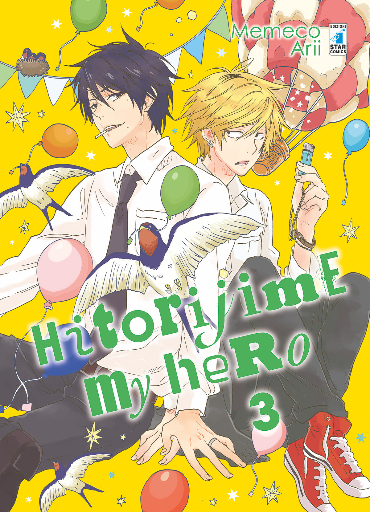 Copertina del terzo volume in italiano del manga 'Hitorijime My Hero' di Memeco Arii, edito da Star Comics. L'illustrazione su uno sfondo giallo festoso decorato con palloncini colorati, rondini, festoni e stelle ritrae Kousuke Ooshiba con corti capelli neri, camicia bianca e cravatta mentre fuma una sigaretta, seduto schiena contro schiena con Masahiro Setagawa con capelli biondi e scarpe rosse che tiene in mano un accendino collegato a manette, sormontati dal titolo HITORIJIME MY HERO in verde e bianco.