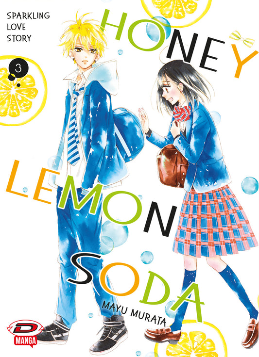 Copertina del terzo volume del manga Honey Lemon Soda. Su uno sfondo bianco decorato da bolle azzurre trasparenti e fette di limone giallo brillante, sono ritratti due studenti in uniforme: a sinistra un ragazzo con vistosi capelli biondo acceso e abito blu, a destra una ragazza con capelli scuri corti e gonna scozzese rossa e blu che cammina dietro di lui sorridendo.