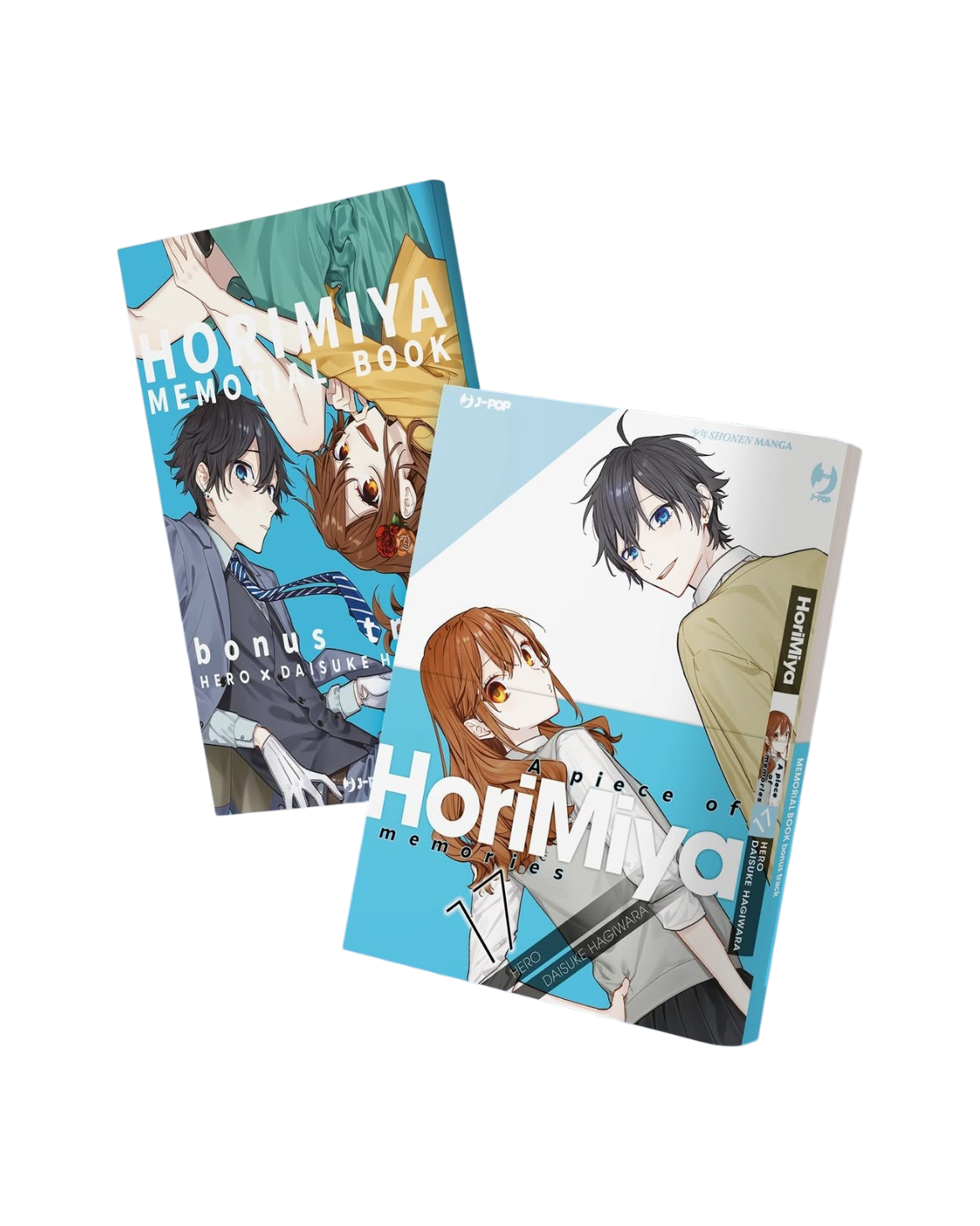 Copertina del diciassettesimo volume del manga 'Horimiya - A Piece of Memories' di HERO e Daisuke Hagiwara, edito da J-POP Manga. L'illustrazione su sfondo azzurro e bianco ritrae in primo piano i due protagonisti: in alto a destra Izumi Miyamura con capelli neri scompigliati e occhi blu sorridente, mentre in basso a sinistra Kyoko Hori con lunghi capelli castani guarda verso di lui con grandi occhi ambrati, affiancati dal titolo 'Horimiya 17' e dai nomi degli autori.
