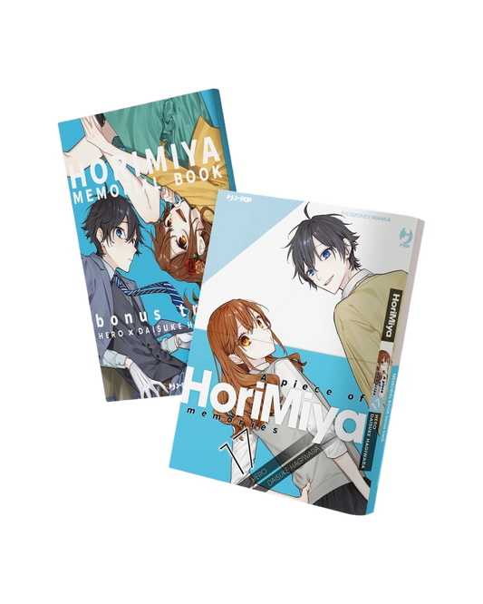 Copertina del diciassettesimo volume del manga 'Horimiya - A Piece of Memories' di HERO e Daisuke Hagiwara, edito da J-POP Manga. L'illustrazione su sfondo azzurro e bianco ritrae in primo piano i due protagonisti: in alto a destra Izumi Miyamura con capelli neri scompigliati e occhi blu sorridente, mentre in basso a sinistra Kyoko Hori con lunghi capelli castani guarda verso di lui con grandi occhi ambrati, affiancati dal titolo 'Horimiya 17' e dai nomi degli autori.