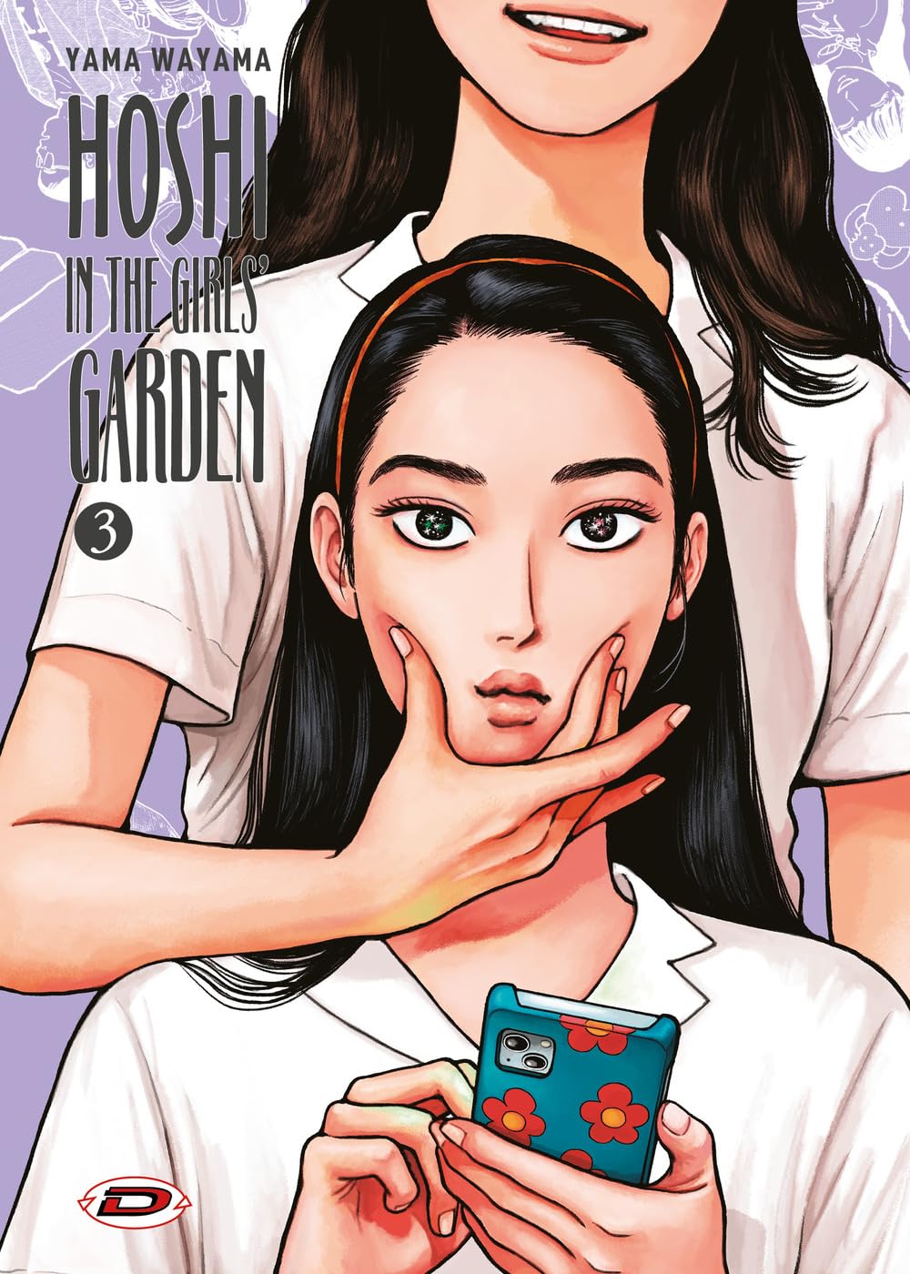 Copertina del terzo volume del manga Hoshi in The Girls' Garden, che mostra due ragazze: una in primo piano con uno smartphone floreale in mano, il cui viso è stretto dalle dita dell'altra ragazza alle sue spalle.