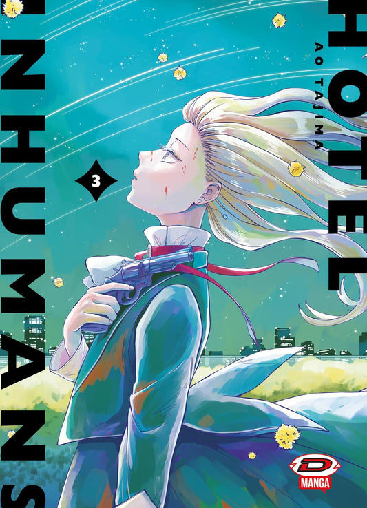 Copertina del manga Hotel Inhumans Vol. 3. Illustrazione vista dal basso di una ragazza bionda di profilo, vestita in giacca e cravatta, che impugna una pistola vicino alla spalla. Guarda verso l'alto un cielo notturno azzurro e verde acqua, solcato dalle scie luminose di diverse stelle cadenti.