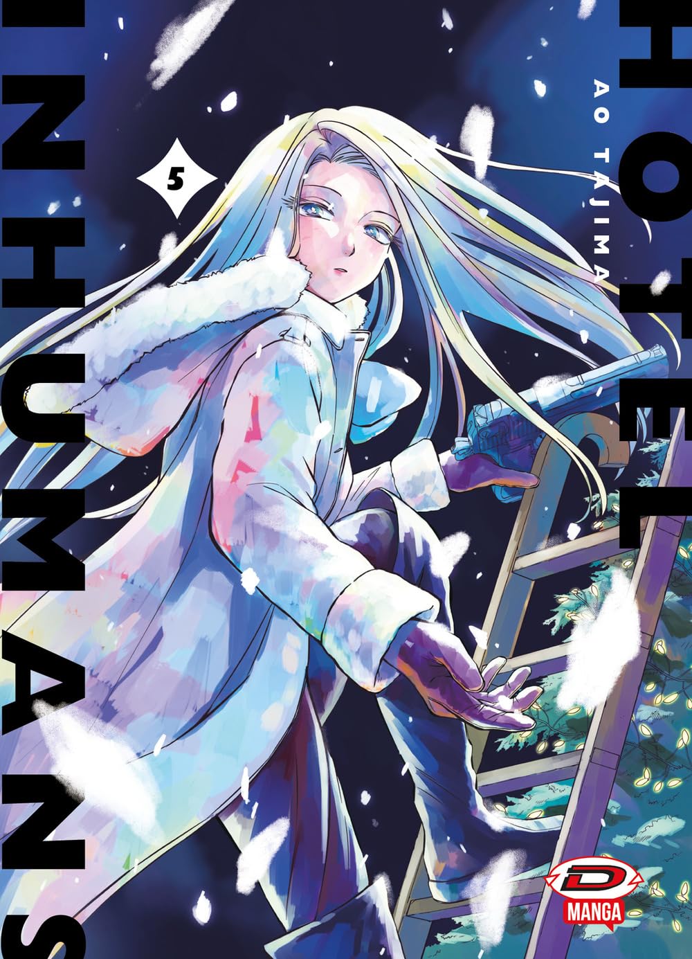 Copertina del manga Hotel Inhumans volume 5. Una ragazza dai lunghissimi capelli bianchi e una giacca invernale chiara guarda all'indietro con un'espressione malinconica mentre scende da una scala a pioli sotto una nevicata notturna, tenendo una pistola nella mano destra.