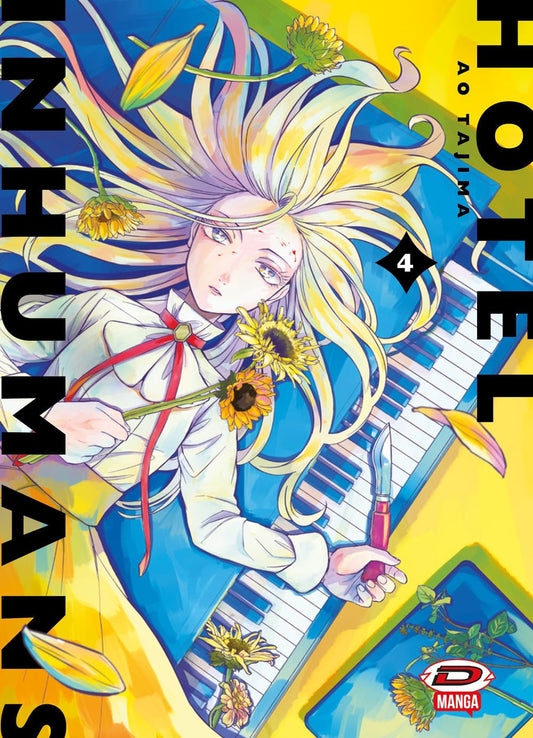 Copertina del manga Hotel Inhumans volume 4. Una ragazza bionda distesa sopra i tasti di un pianoforte tiene in mano un coltello e dei girasoli.