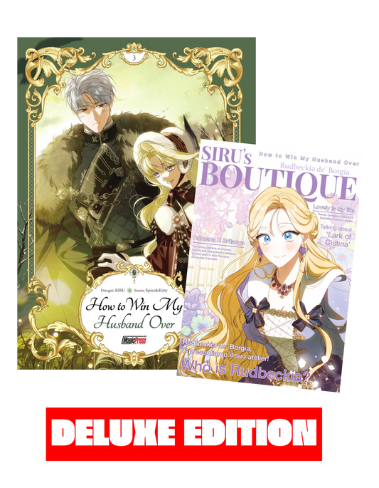 Grafica promozionale dell'edizione deluxe del terzo volume del manhwa How To Win My Husband Over, che mostra la copertina del volume principale accanto al booklet speciale "SIRU's Boutique" su sfondo nero, completata da un banner rosso in basso con la scritta bianca "DELUXE EDITION".