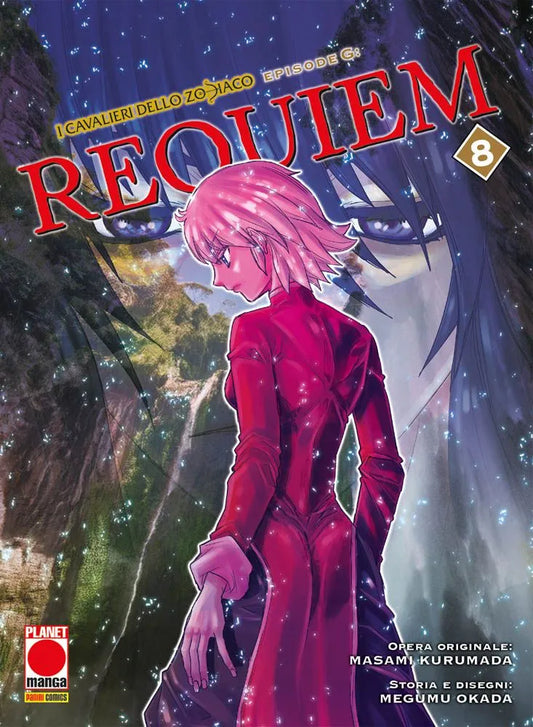 Copertina del manga I Cavalieri Dello Zodiaco Episode G: Requiem Vol. 8; in primo piano la giovane Saori con capelli rosa a caschetto e abito rosso, ritratta di spalle. Sullo sfondo, un paesaggio roccioso e boscoso illuminato da scintille, sovrastato da due immensi e penetranti occhi scuri.
