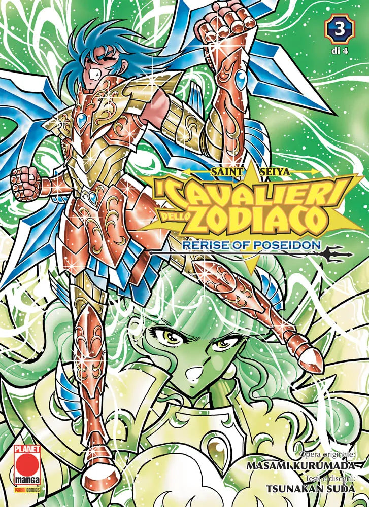 Copertina del manga I Cavalieri Dello Zodiaco - Saint Seiya: Rerise of Poseidon volume 3. L'illustrazione dinamica mostra un cavaliere dai capelli azzurri con un'armatura scintillante arancione e blu che scaglia un attacco. Sullo sfondo, in un bagliore verde etereo, si staglia il volto determinato di una guerriera in armatura dorata.