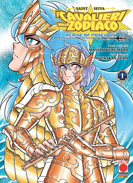 Copertina del manga I Cavalieri dello Zodiaco - Saint Seiya: Rerise of Poseidon volume 1 edito da Planet Manga; l'illustrazione ritrae in primo piano il Generale degli Abissi Sorrento di Siren con il suo flauto e sullo sfondo il dio Poseidon (Julian Solo).
