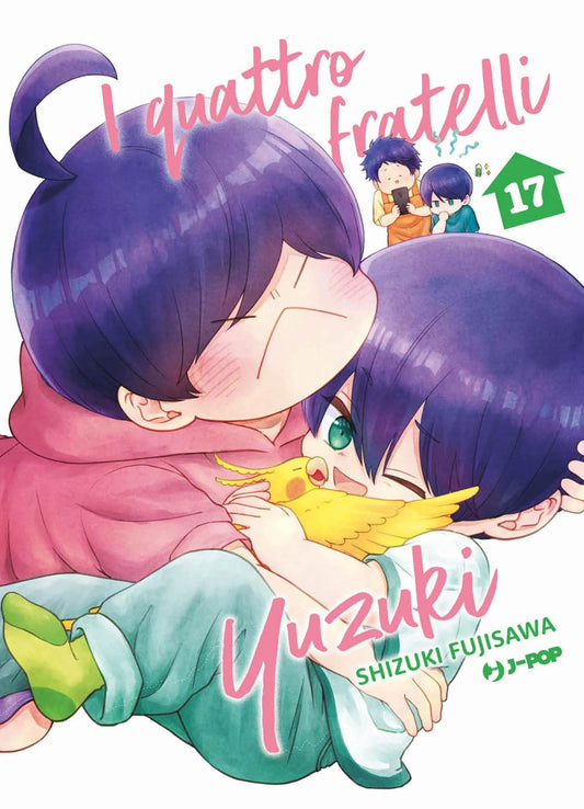 Il piccolo Gakuto viene abbracciato e "schiacciato" affettuosamente dal fratello Minato mentre stringe il pappagallo giallo Yoshimune, sulla copertina di I Quattro Fratelli Yuzuki Vol. 17.