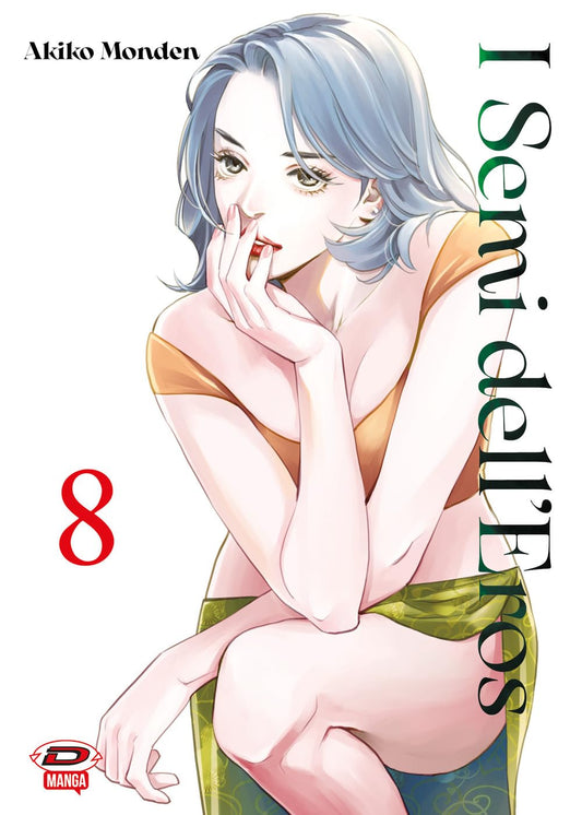 Copertina dell'ottavo volume del manga I Semi dell'Eros, che mostra l'illustrazione a mezzo busto di una donna dai corti capelli mossi azzurro chiaro, vestita con una canotta arancione e un telo verde alla vita, mentre poggia pensosa la mano destra sul mento.