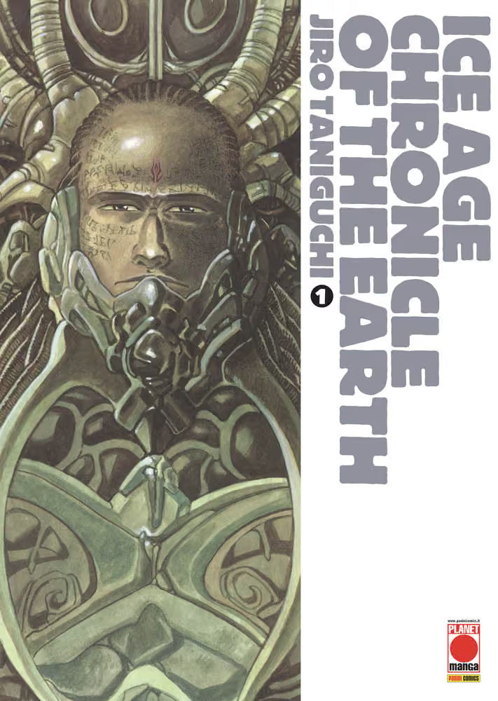 Copertina del primo volume del manga 'Ice Age Chronicle of The Earth' di Jiro Taniguchi, edito da Panini Planet Manga. L'illustrazione ritrae in primo piano il volto di Takeru con un copricapo biomeccanico e simboli incisi sulla pelle, integrato in una struttura organica e tecnologica, affiancato dal titolo verticale 'ICE AGE CHRONICLE OF THE EARTH' e dal numero 1 su fascia bianca.