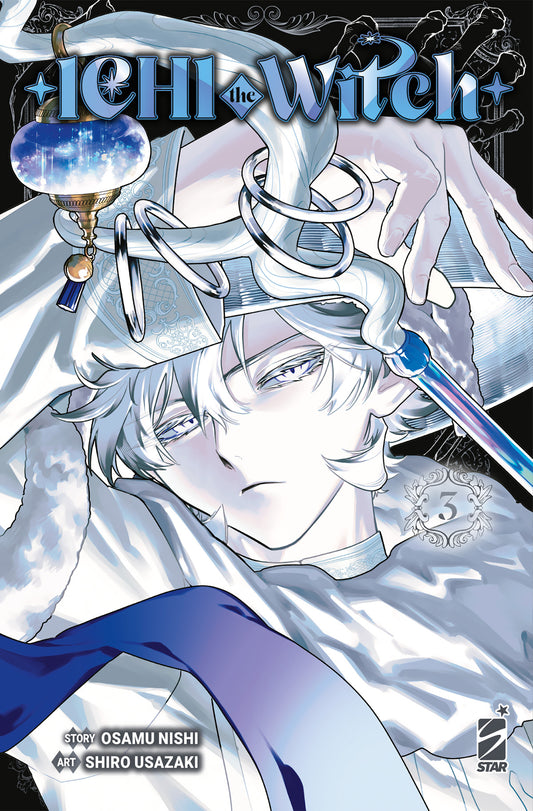 Copertina del terzo volume in italiano del manga 'Ichi The Witch' di Osamu Nishi e Shiro Usazaki, edito da Star Comics. L'illustrazione su sfondo scuro ritrae in primo piano un personaggio dai corti capelli bianchi e abiti candidi con rifiniture in pelliccia e nastro blu, con uno sguardo freddo dagli occhi chiari, affiancato dal titolo ICHI the Witch, dal numero 3 in un medaglione decorativo e dai nomi degli autori Osamu Nishi e Shiro Usazaki in basso a sinistra.