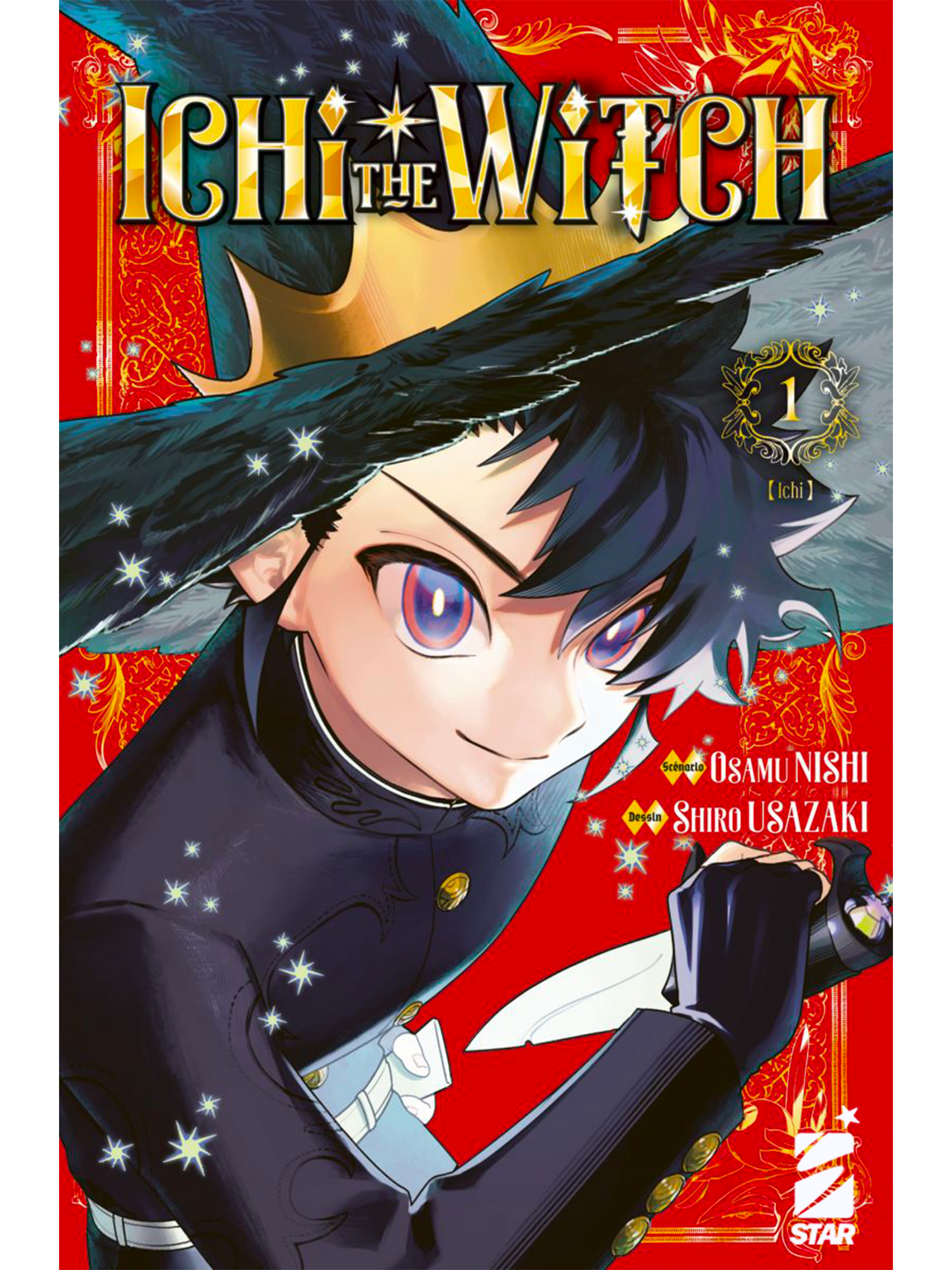 Copertina regular del volume 1 di Ichi The Witch edito da Star Comics; su sfondo rosso acceso con dettagli dorati, il protagonista Ichi è ritratto in primo piano con un cappello da strega nero e un pugnale in mano.