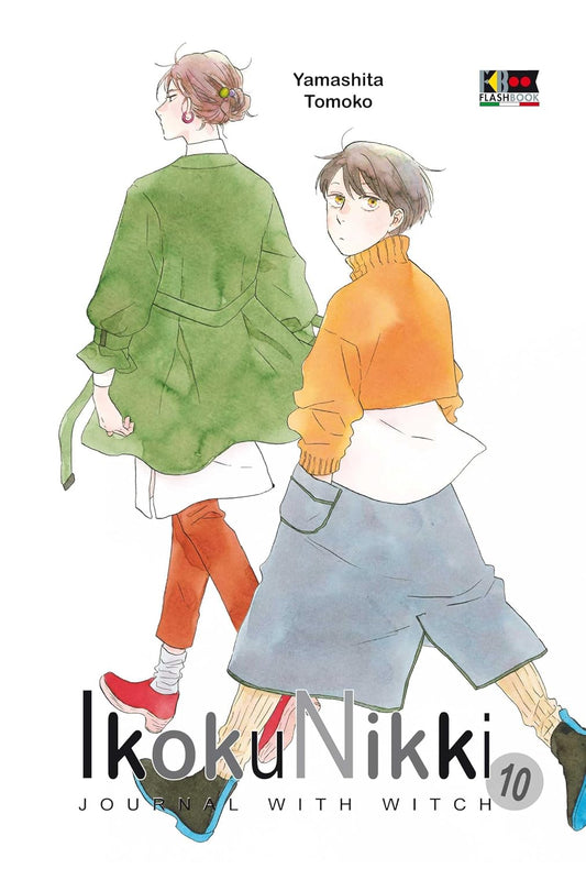 Copertina del decimo volume del manga Ikoku Nikki - Journal with Witch. L'illustrazione, realizzata con un delicato stile ad acquerello su sfondo bianco, ritrae le due protagoniste in cammino. A sinistra, Makio è ripresa di spalle mentre cammina, indossando un ampio cappotto verde e pantaloni arancioni. A destra, in primo piano, la giovane Asa, vestita con un maglione arancione e ampi pantaloni azzurri, cammina nella direzione opposta voltandosi a guardare malinconicamente verso lo spettatore. In basso spic