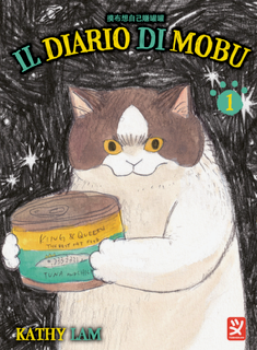 Copertina de Il Diario di Mobu 1. Illustrazione a matita di un gatto bianco e marrone che stringe tra le zampe una scatoletta di cibo per gatti.