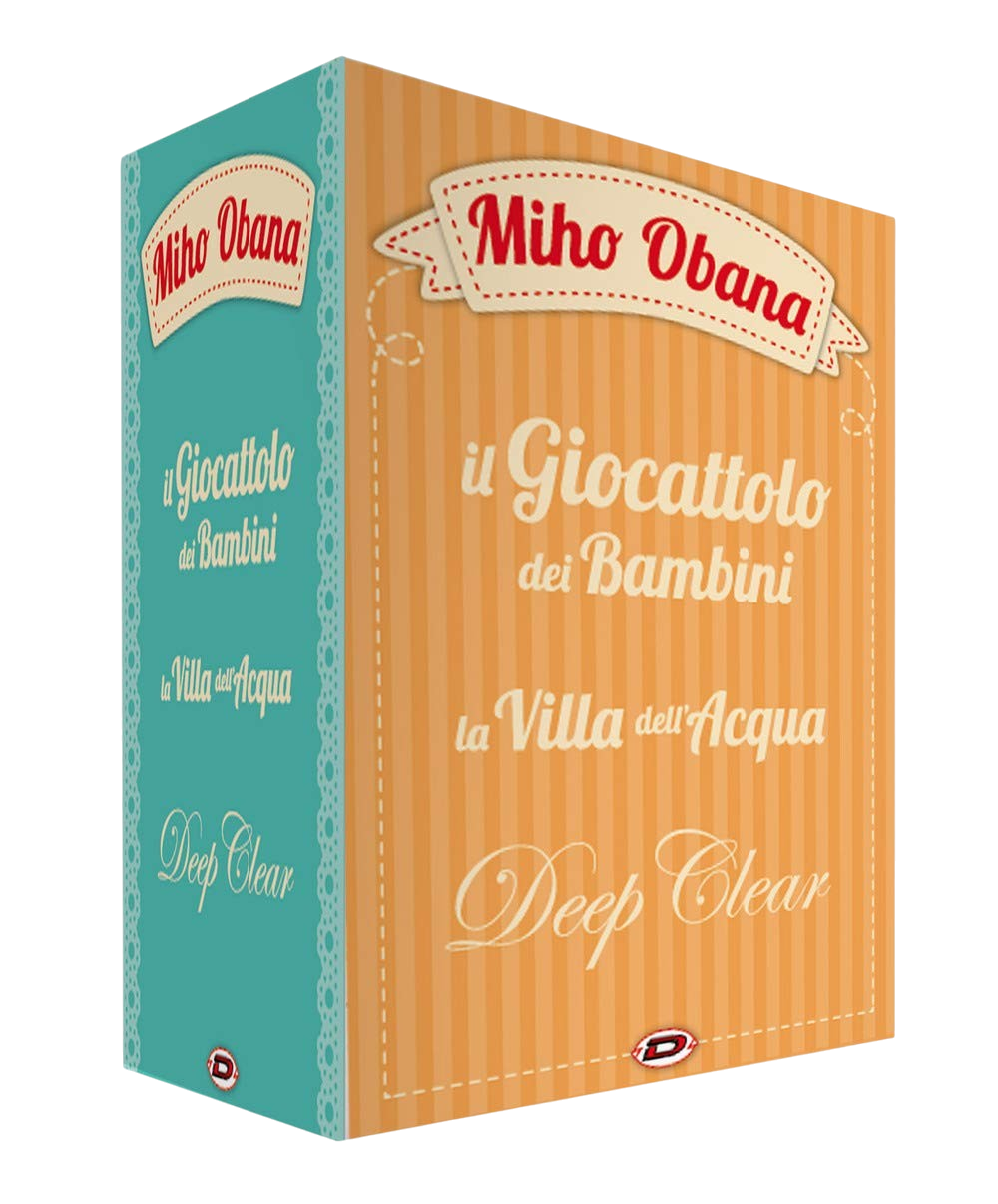 Cofanetto da collezione del manga 'Il Giocattolo dei Bambini - Big Edition' (Rossana) di Miho Obana, edito da Dynit Manga. Il box rigido presenta una facciata frontale a righe verticali arancioni e beige e un lato azzurro turchese con ricami laterali bianchi, con riportati in bianco e rosso i titoli 'Miho Obana', 'Il Giocattolo dei Bambini', 'La Villa dell'Acqua' e 'Deep Clear'.