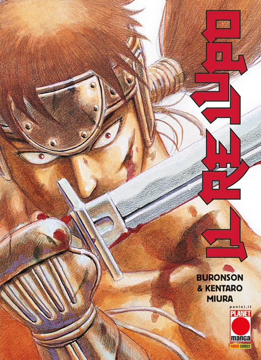 Copertina del volume in italiano del manga 'Il Re Lupo' di Buronson e Kentaro Miura, edito da Planet Manga. L'illustrazione a figura ravvicinata mostra in primo piano il volto intenso di un guerriero con una bandana d'acciaio sulla fronte e sguardo feroce mentre impugna una spada d'acciaio, affiancato dal titolo verticale 'IL RE LUPO' in rosso e dal logo Planet Manga in basso a destra.