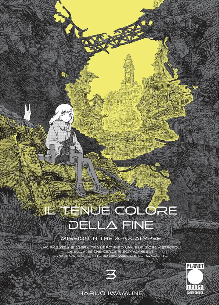 Copertina del manga Il Tenue Colore della Fine volume 3. Una ragazza siede su rovine metalliche davanti a un panorama urbano distrutto virato in tonalità gialle.