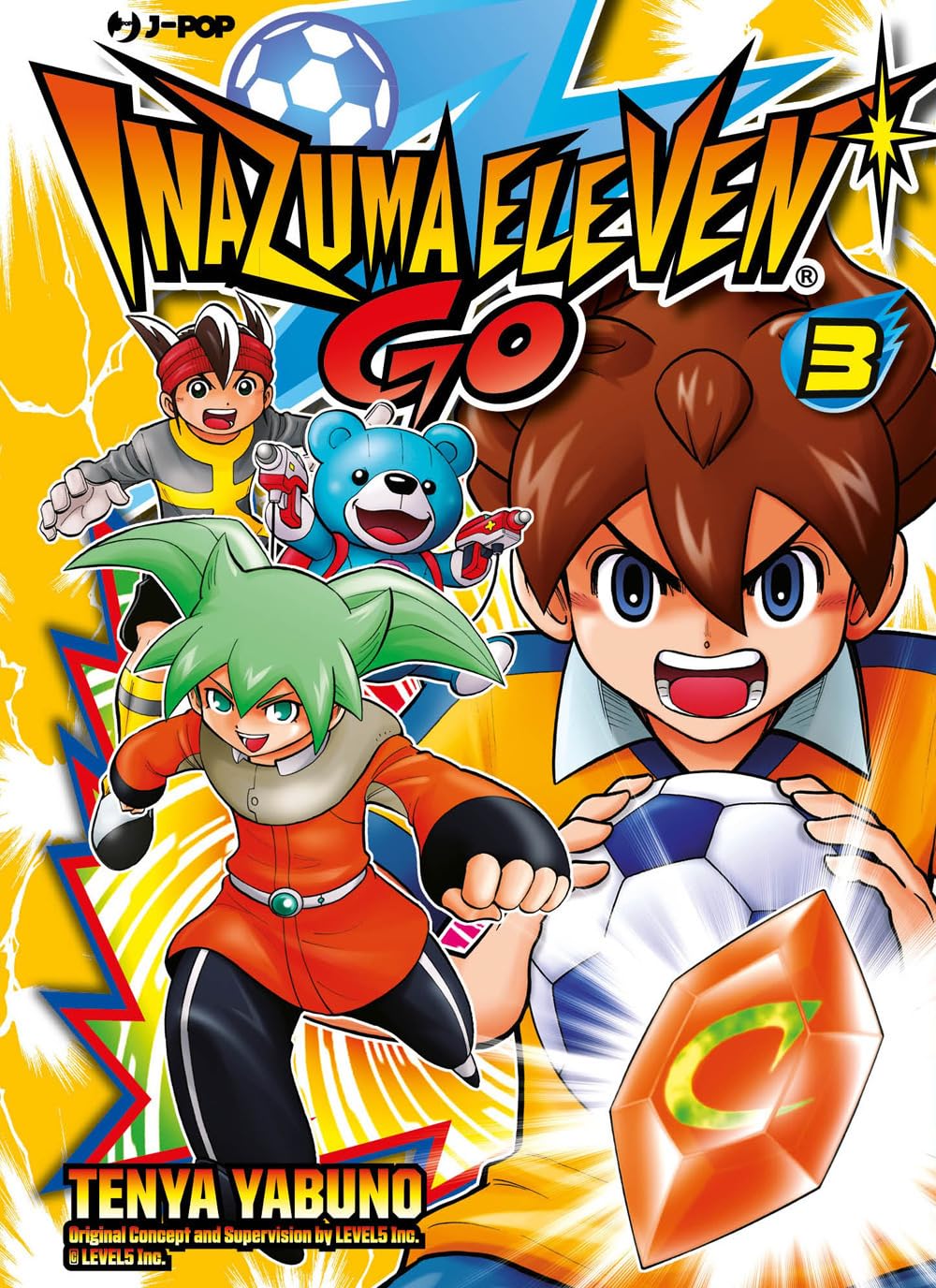 Copertina del terzo volume del manga 'Inazuma Eleven GO!' di Tenya Yabuno, edito da J-POP Manga. L'illustrazione su sfondo giallo ritrae in primo piano il protagonista Arion Sherwind che stringe un pallone da calcio con sguardo grintoso, affiancato dai compagni di squadra in posa d'azione, dal grande logo 'INAZUMA ELEVEN GO 3' e dall'indicazione dell'autore Tenya Yabuno e LEVEL5 in basso.