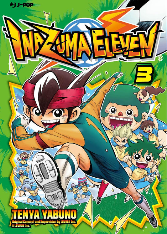 Il capitano Mark Evans (Endou Mamoru) in primo piano con la sua divisa da portiere e la fascia arancione, mentre esegue una parata o una tecnica speciale con un pallone da calcio infuocato sulla copertina di Inazuma Eleven Vol. 3.