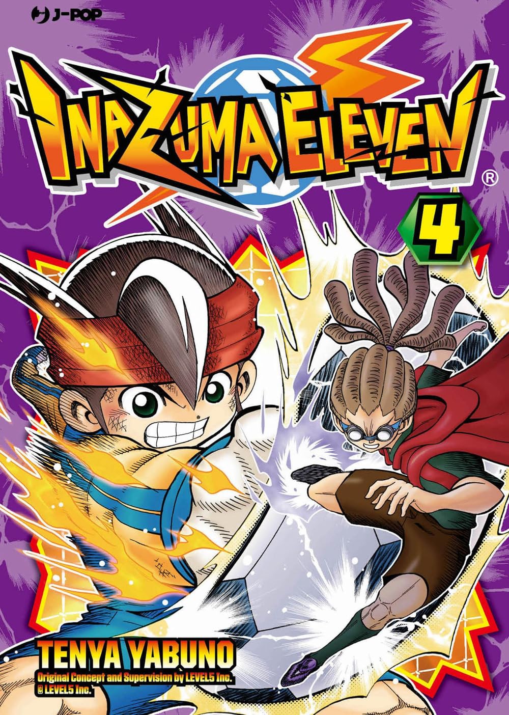 Copertina del manga Inazuma Eleven volume 4 edito da J-POP; l'illustrazione ritrae in stile dinamico i protagonisti della squadra di calcio Raimon, tra cui il portiere Mark Evans, pronti all'azione.