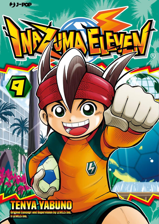 Copertina del manga Inazuma Eleven volume 9. L'illustrazione mostra in primo piano il protagonista Mark Evans sorridente e determinato, con la sua inconfondibile fascia rossa in testa, la divisa da portiere arancione, un guantone sollevato a pugno chiuso e un pallone da calcio tenuto sottobraccio.