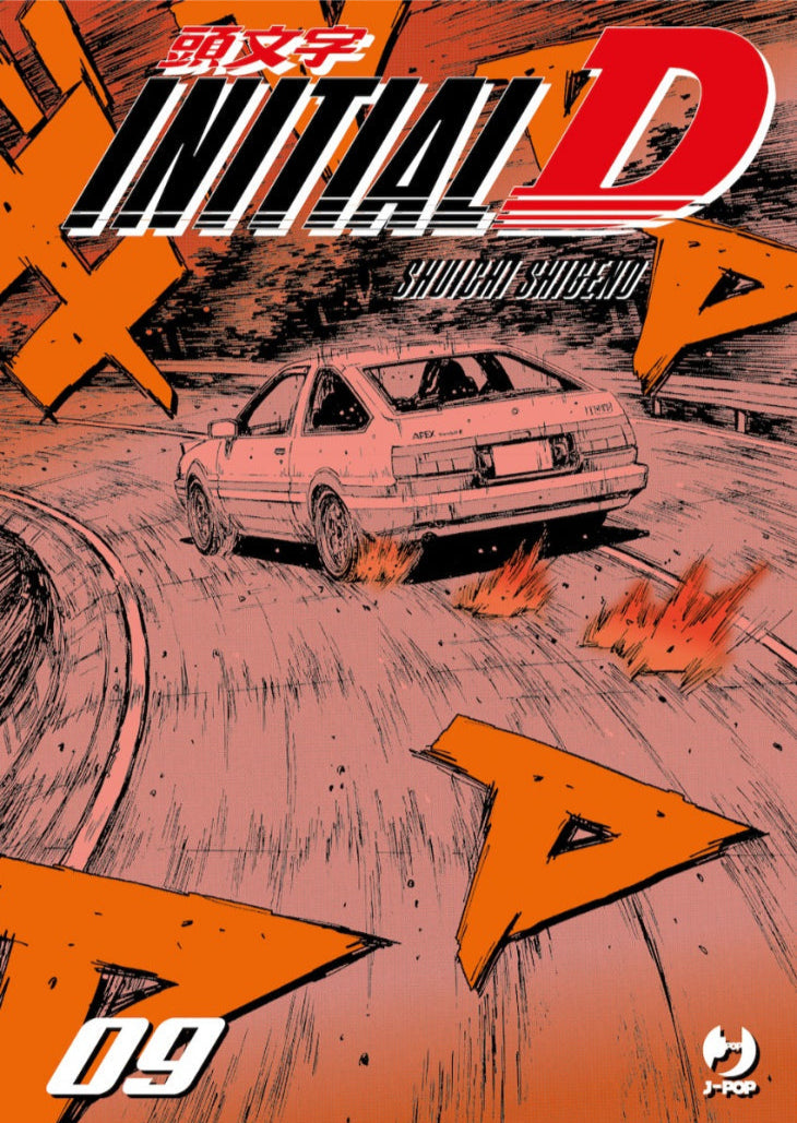 Copertina del manga Initial D Vol. 9. L'illustrazione è dominata da un acceso color salmone aranciato con profondi contrasti in nero. Al centro della scena, la Toyota Trueno AE86 è raffigurata dal retro mentre effettua una derapata aggressiva lungo una curva. Sotto gli pneumatici posteriori sono visibili schizzi di terra o scintille stilizzate in arancione acceso. Lo sfondo è decorato con grandi sagome della lettera "D" e linee cinetiche scure. In alto spicca il logo "INITIAL D" e il nome dell'autore Shuich
