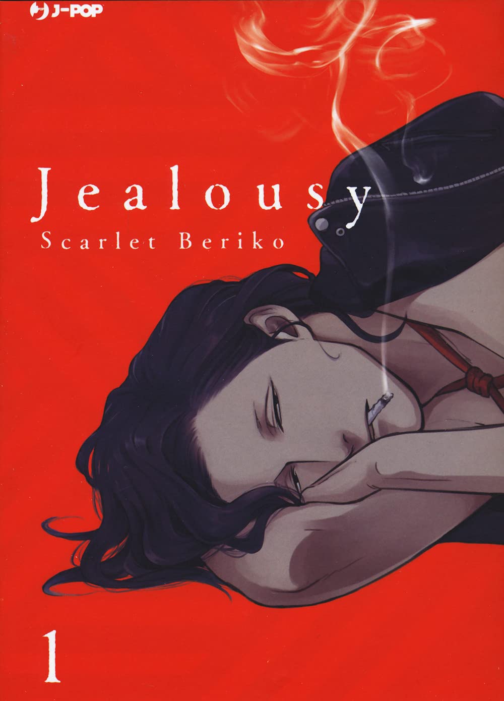 Copertina del primo volume del manga Boys' Love 'Jealousy' di Scarlet Beriko, edito da J-POP Manga. Illustrazione su sfondo rosso con un ragazzo disteso mentre fuma una sigaretta, sormontato dal titolo e dal numero 1 in basso.