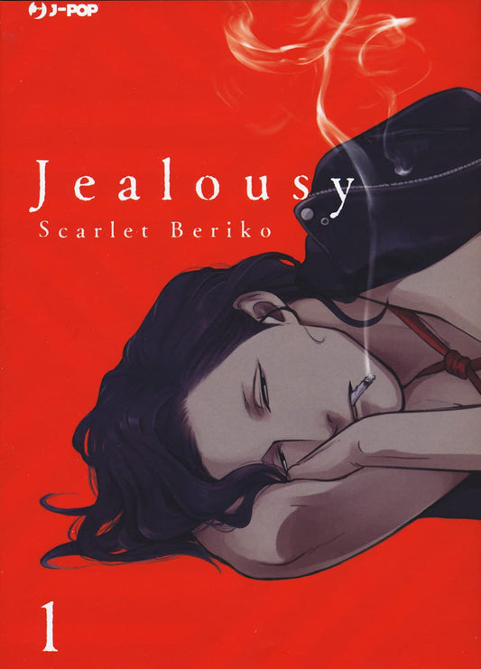 Copertina del primo volume del manga Boys' Love 'Jealousy' di Scarlet Beriko, edito da J-POP Manga. Illustrazione su sfondo rosso con un ragazzo disteso mentre fuma una sigaretta, sormontato dal titolo e dal numero 1 in basso.