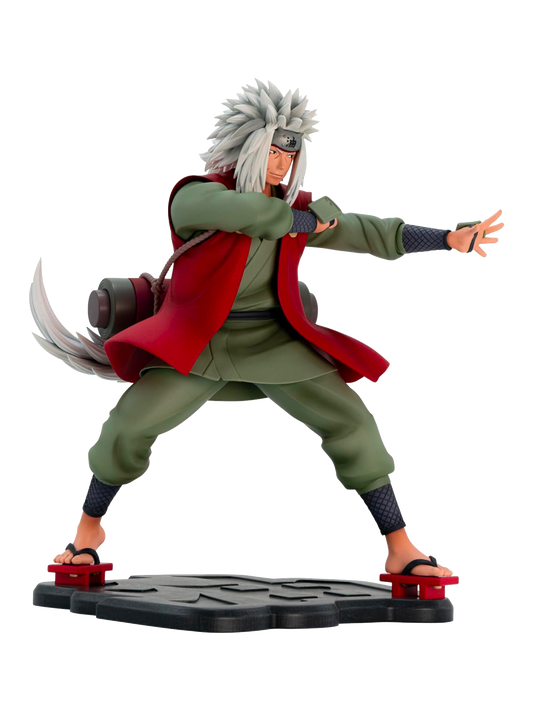 La figure di Jiraiya (SFC AbyStyle Studio) in posa dinamica su una base nera sagomata, mentre esegue un sigillo con la mano sinistra tesa in avanti e porta il grande rotolo sulla sc