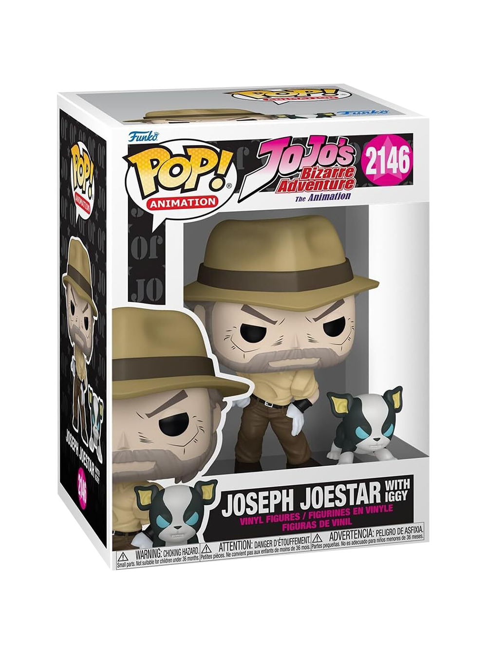 Scatola del Funko Pop! Animation numero 2146 dedicato a JoJo's Bizarre Adventure. All'interno e stampate sulla scatola si vedono le figure in vinile di Joseph Joestar, con cappello da avventuriero e barba grigia, e del piccolo cane bianco e nero Iggy.