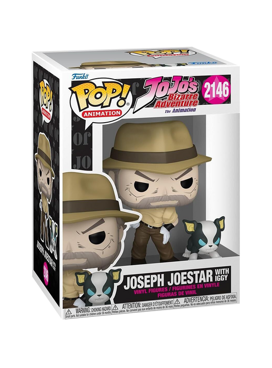 Scatola del Funko Pop! Animation numero 2146 dedicato a JoJo's Bizarre Adventure. All'interno e stampate sulla scatola si vedono le figure in vinile di Joseph Joestar, con cappello da avventuriero e barba grigia, e del piccolo cane bianco e nero Iggy.
