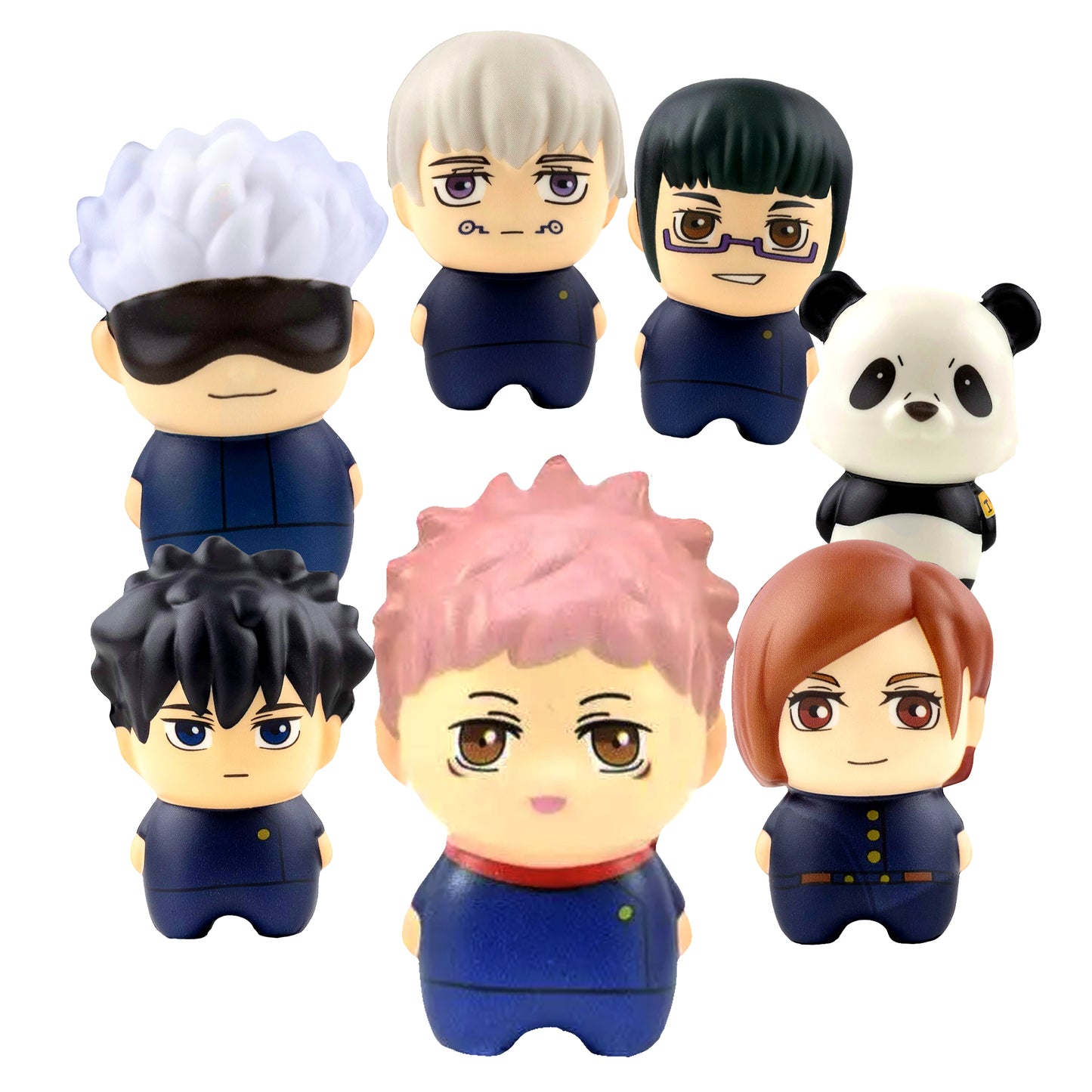 Un assortimento colorato delle 6 figure Squish Hero di Jujutsu Kaisen (Gojo con e senza benda, Nanami, Maki, Panda, Yuji, Nobara) in stile chibi e tondeggiante, pronte per essere schiacciate.