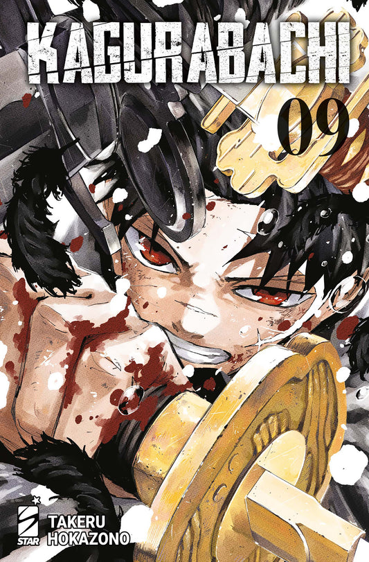 Copertina del nono volume del manga Kagurabachi. L'illustrazione in primo piano mostra il protagonista Chihiro con uno sguardo determinato e gli occhi rossi, mentre stringe l'elsa dorata di una spada. Il viso e la mano sono segnati da vistosissimi schizzi di sangue, circondati da macchie bianche. In alto campeggia il titolo del manga in lettere bianche e in basso a sinistra il logo di Star Comics.