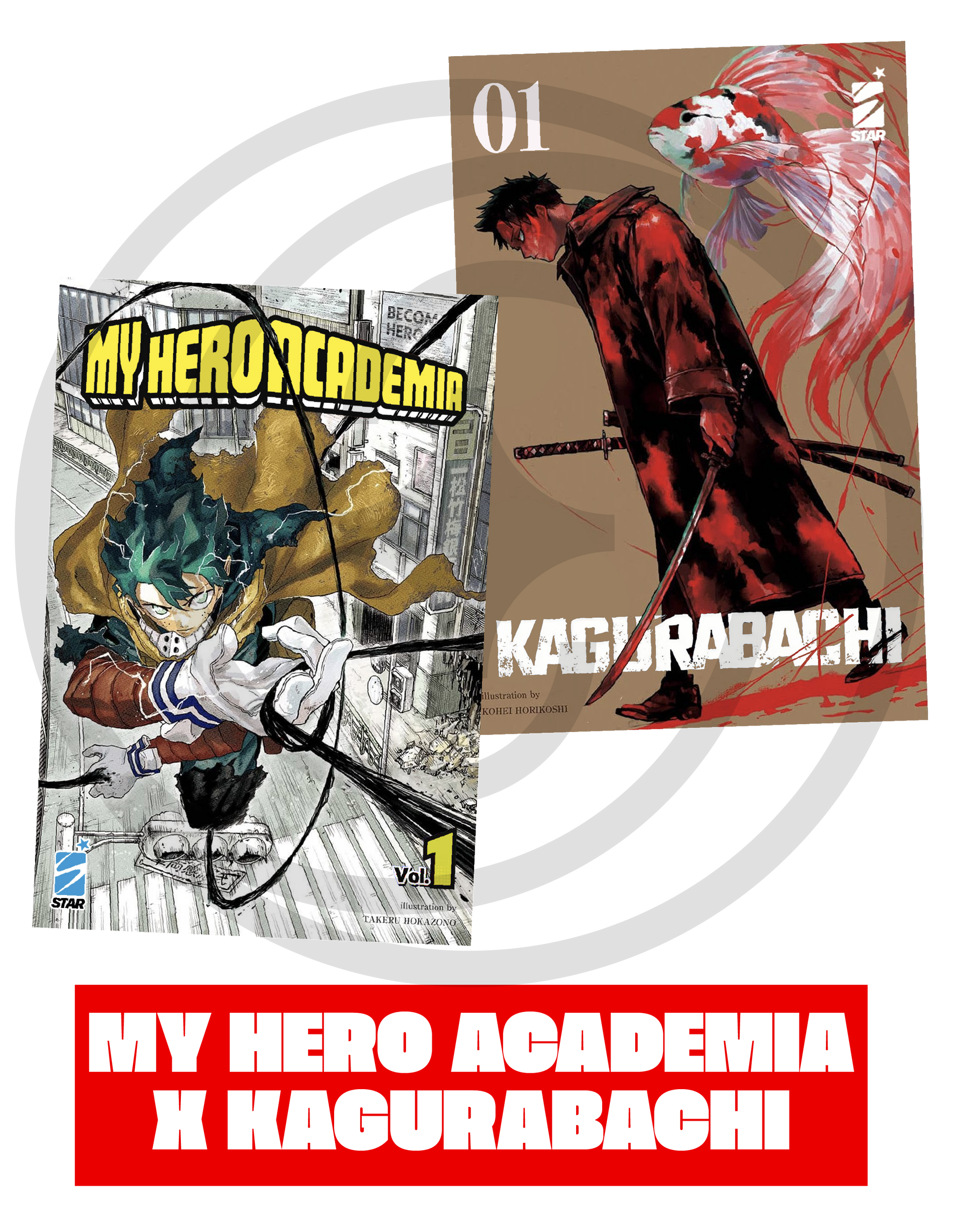 Immagine promozionale del bundle. In alto le due copertine variant: Izuku Midoriya disegnato da Takeru Hokazono (MHA Vol 1) e Chihiro Rokuhira disegnato da Kohei Horikoshi (Kagurabachi Vol 1). In basso il banner rosso con la scritta bianca My Hero Academia X Kagurabachi.