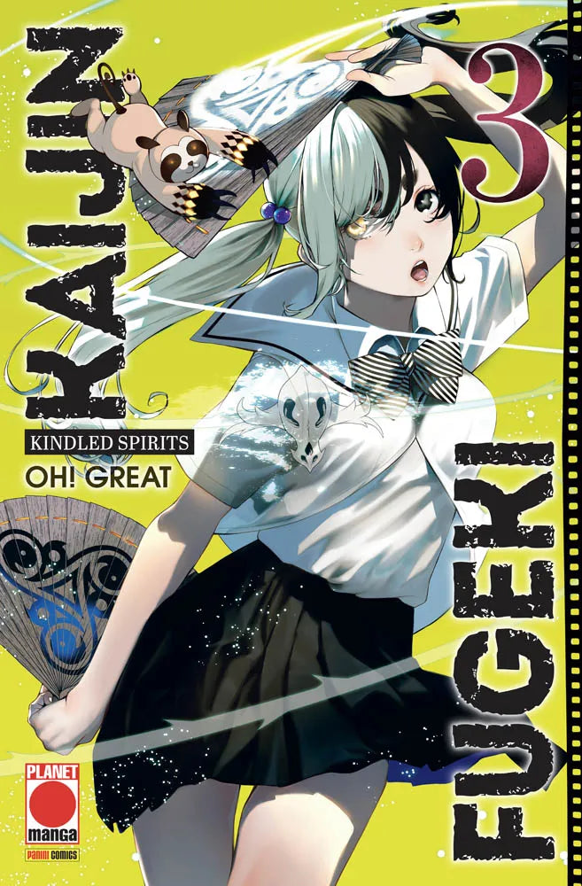 Copertina del terzo volume in italiano del manga 'Kaijin Fugeki – Kindled Spirits' di Oh! Great, edito da Panini Planet Manga. L'illustrazione su uno vivace sfondo verde acido mostra la giovane Fuyu con divisa scolastica bianca, fiocco a righe e gonnellina scura, dai caratteristici capelli bicolore bianchi e neri con codini, mentre tiene un ventaglio tradizionale decorato e una piccola creatura mascotte fluttua in alto a sinistra. Ai lati compaiono in verticale le scritte 'KAIJIN' e 'FUGEKI', con la firma '