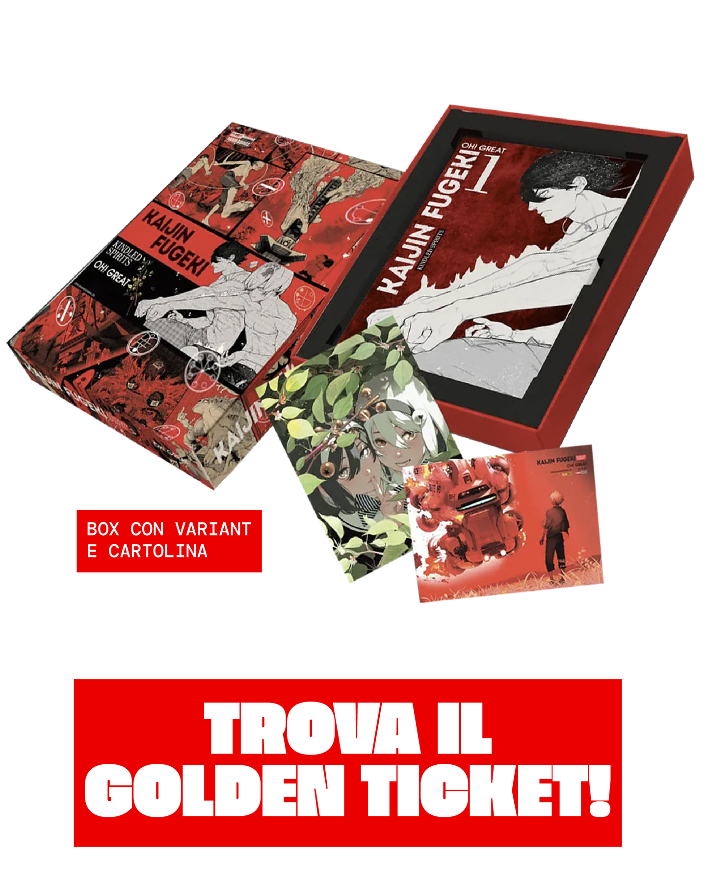 Grafica promozionale del cofanetto aperto di Kaijin Fugeki Volume 1 Variant, contenente il manga, le cartoline e un grande banner rosso in basso con la scritta bianca "TROVA IL GOLDEN TICKET!".