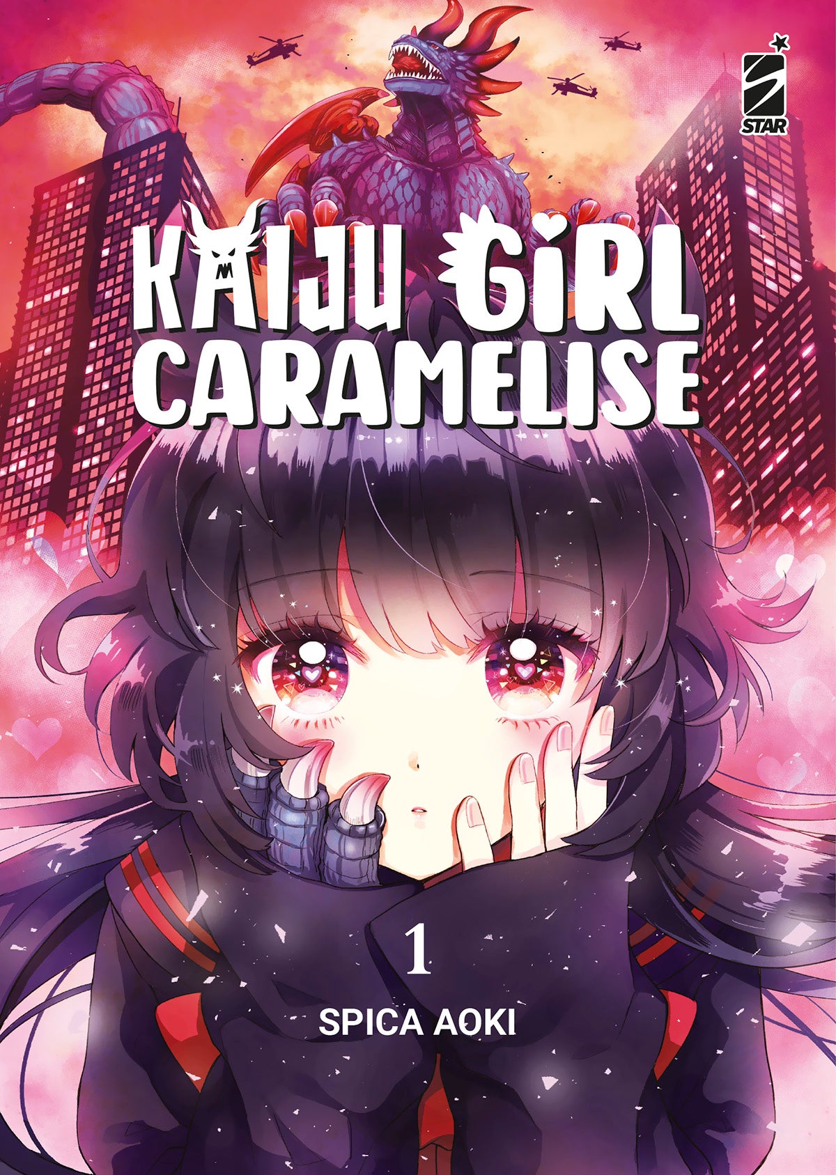 Copertina del primo volume del manga Kaiju Girl Caramelise, con uno sfondo rosa e rosso acceso che mostra in primo piano il viso di una ragazza dagli occhi grandi con riflessi a forma di cuore, sormontata dalla figura di un enorme kaiju viola tra grattacieli ed elicotteri in volo.