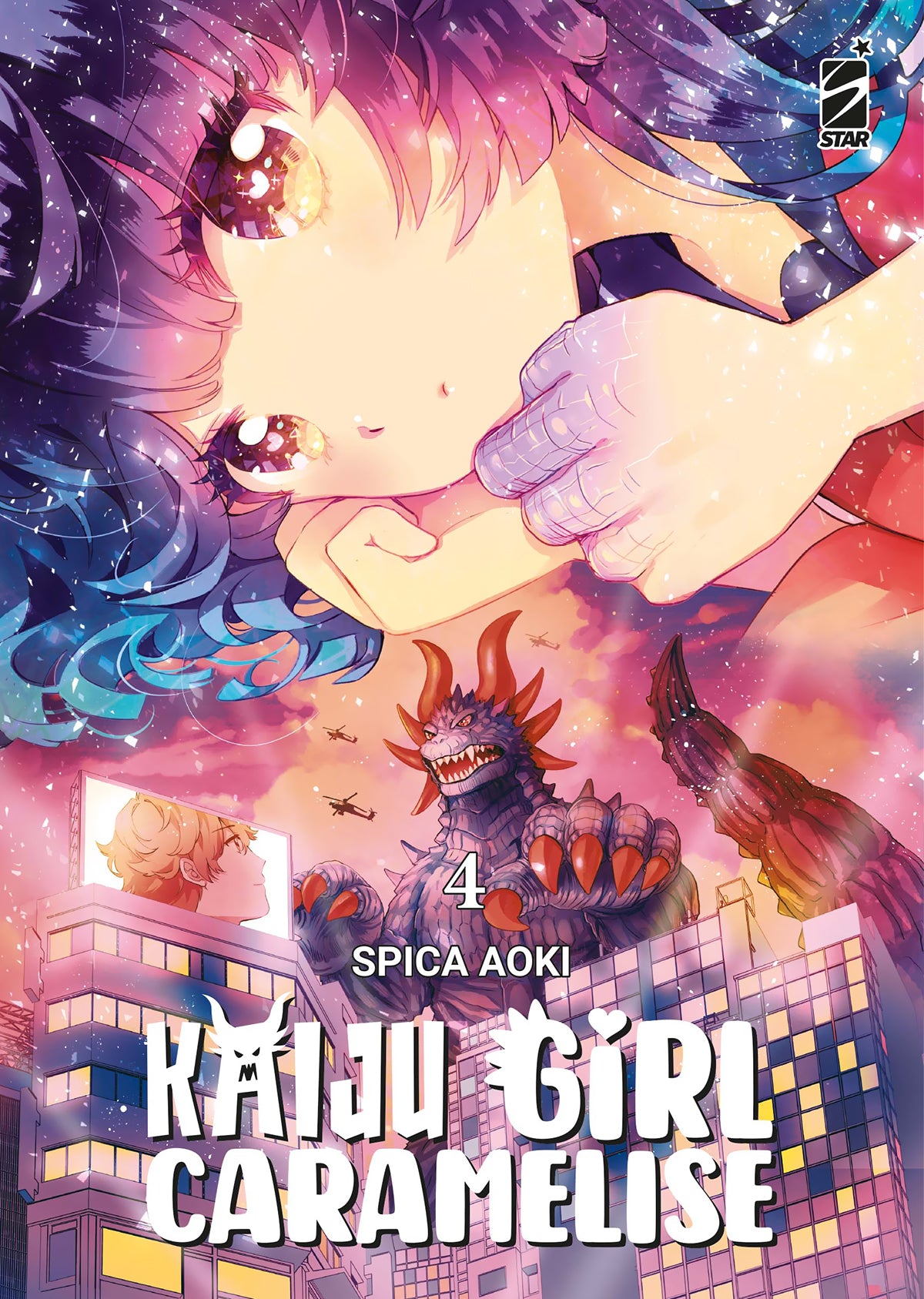 Copertina del quarto volume del manga Kaiju Girl Caramelise, che mostra in alto il volto della protagonista Kuroe dagli occhi grandi e luminosi, mentre in basso l'enorme kaiju viola Harugon si staglia tra i grattacieli della città accanto a un tabellone pubblicitario luminoso che ritrae Arata.