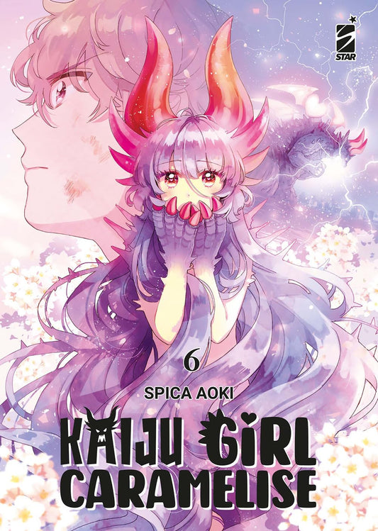 Copertina del sesto volume del manga Kaiju Girl Caramelise, nei toni del rosa e del viola, raffigurante in primo piano Kuroe con grandi corna rosa e mani artigliate, lo sfondo mostra il profilo sfumato di Arata a sinistra e un kaiju tra i fulmini a destra.