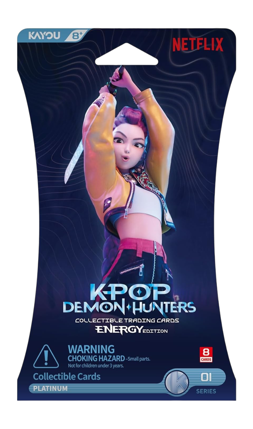Bustina singola di carte collezionabili K-POP Demon Hunters Energy Edition di KAYOU, con una protagonista in giacca gialla che impugna una spada su sfondo scuro.