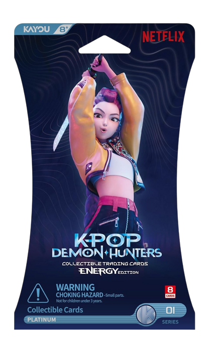 Bustina singola di carte collezionabili K-POP Demon Hunters Energy Edition di KAYOU, con una protagonista in giacca gialla che impugna una spada su sfondo scuro.