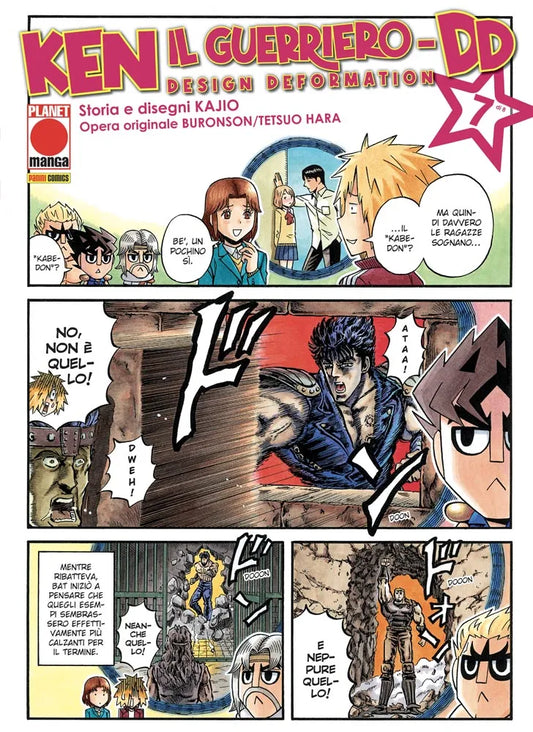 Copertina a fumetti a colori del volume 7 di Ken Il Guerriero DD, strutturata in vignette umoristiche in cui i personaggi in stile chibi ironizzano sul termine kabe-don.