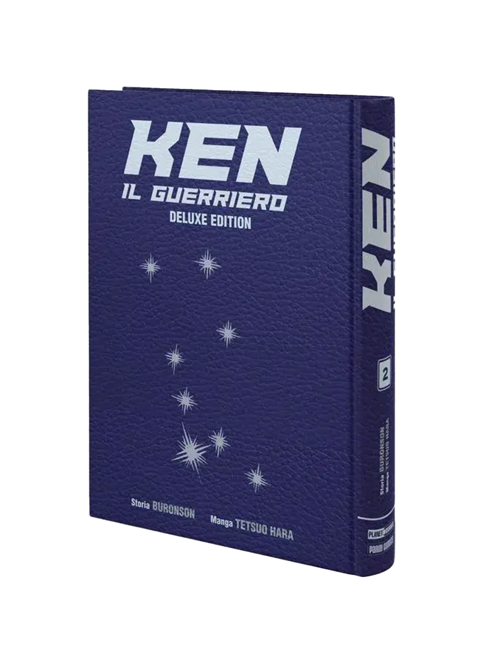Volume cartonato del manga Ken Il Guerriero Deluxe Edition Vol. 2; la copertina è in ecopelle blu scuro con il titolo in argento e la costellazione dell'Orsa Maggiore (le sette stelle di Hokuto) impressa al centro.
