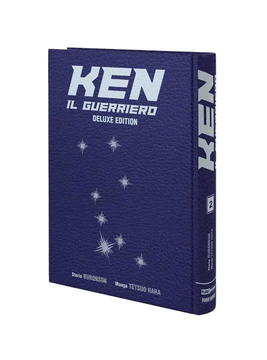 Volume cartonato del manga Ken Il Guerriero Deluxe Edition Vol. 2; la copertina è in ecopelle blu scuro con il titolo in argento e la costellazione dell'Orsa Maggiore (le sette stelle di Hokuto) impressa al centro.