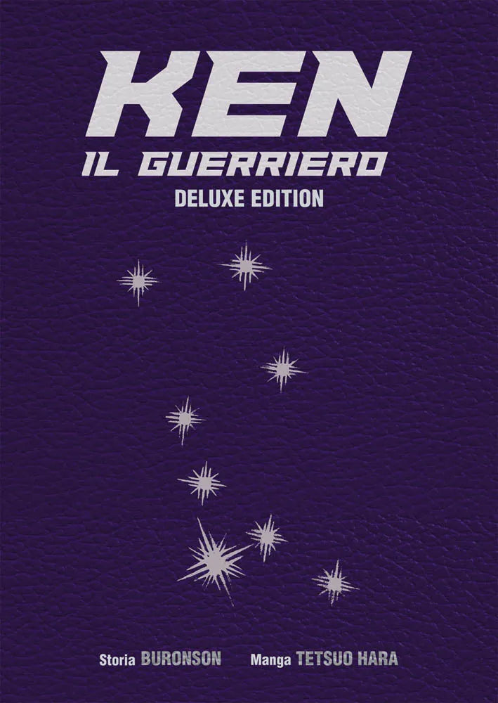 Copertina del quarto volume dell'edizione Deluxe in italiano del manga 'Ken il Guerriero' di Buronson e Tetsuo Hara, edito da Panini Planet Manga. L'illustrazione presenta uno stile minimalista su fondo viola con trama effetto pelle, il titolo bianco in evidenza e il simbolo delle sette stelle dell'Orsa Maggiore.