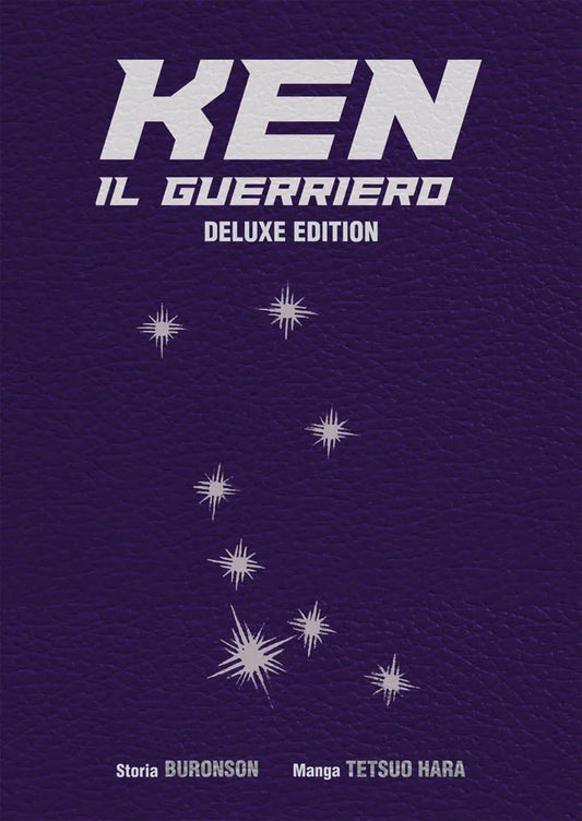 Copertina del quarto volume dell'edizione Deluxe in italiano del manga 'Ken il Guerriero' di Buronson e Tetsuo Hara, edito da Panini Planet Manga. L'illustrazione presenta uno stile minimalista su fondo viola con trama effetto pelle, il titolo bianco in evidenza e il simbolo delle sette stelle dell'Orsa Maggiore.