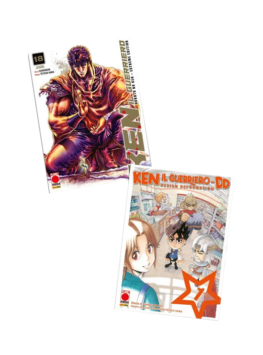 Pack contenente due volumi: a sinistra l'ultimo numero di Ken il Guerriero Extreme Edition (Vol. 18) con Kenshiro inginocchiato davanti a un germoglio; a destra il primo volume di Ken il Guerriero DD con i personaggi in versione chibi in un negozio.