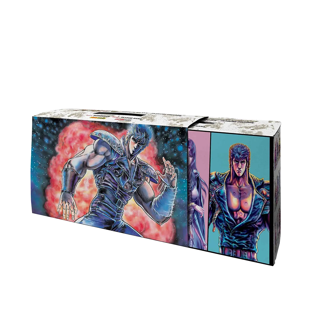 Cofanetto raccoglitore di Ken Il Guerriero Extreme Edition; il box lungo mostra illustrazioni a colori di Kenshiro in posa di combattimento su sfondo rosso cosmico e in posa statica su sfondo azzurro.
